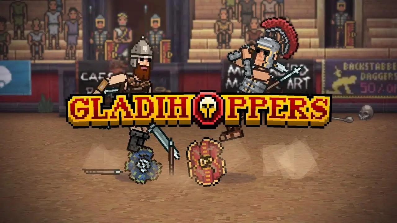 Gladihoppers HTML5 browser game logo with two pixel-art gladiators in arena