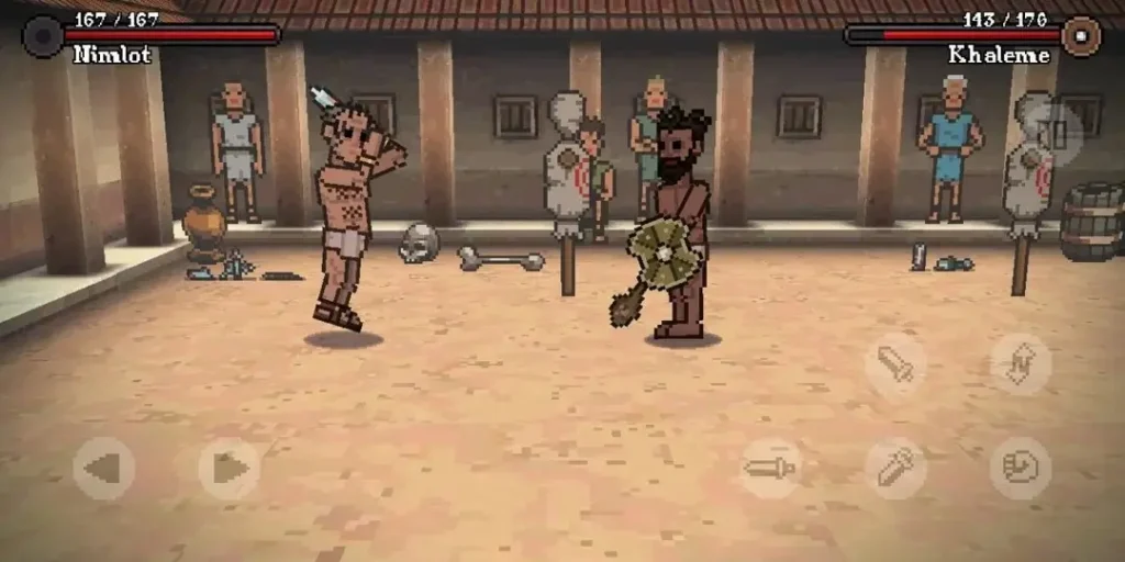 Gladihoppers gameplay screenshot showing two gladiators fighting in the arena.