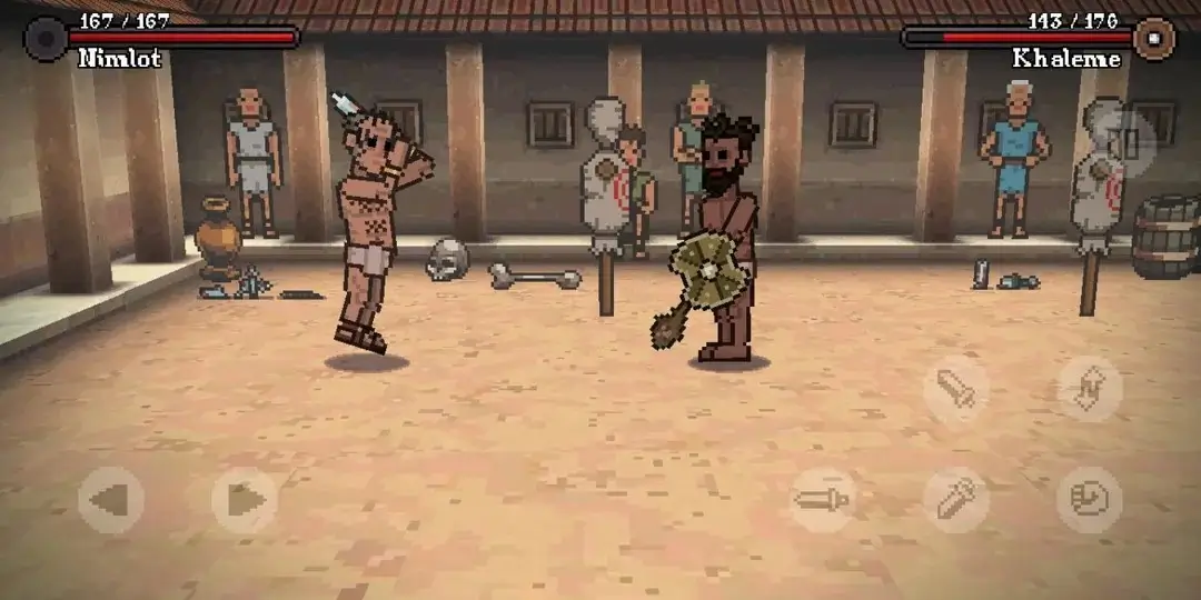 Gladihoppers gameplay screenshot showing two gladiators fighting in the arena.