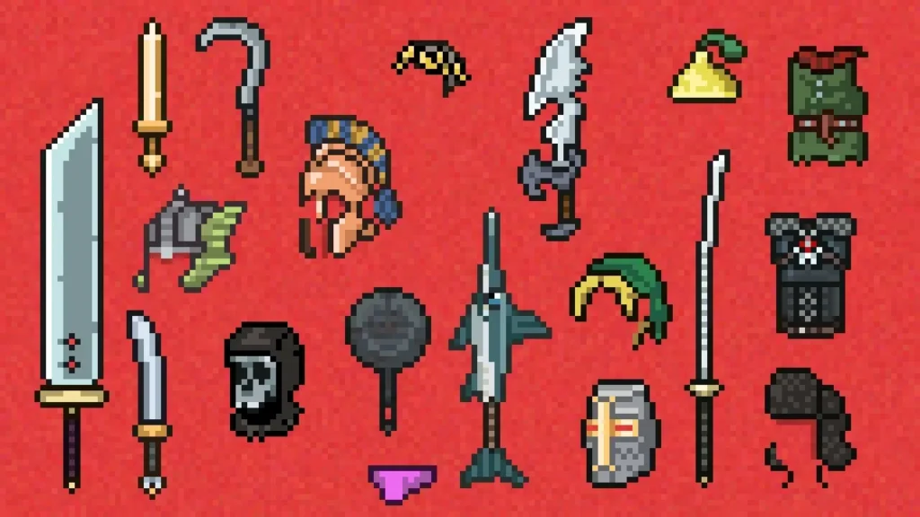 Gladihoppers pixel art gear set with weapons, helmets, and armor on red background