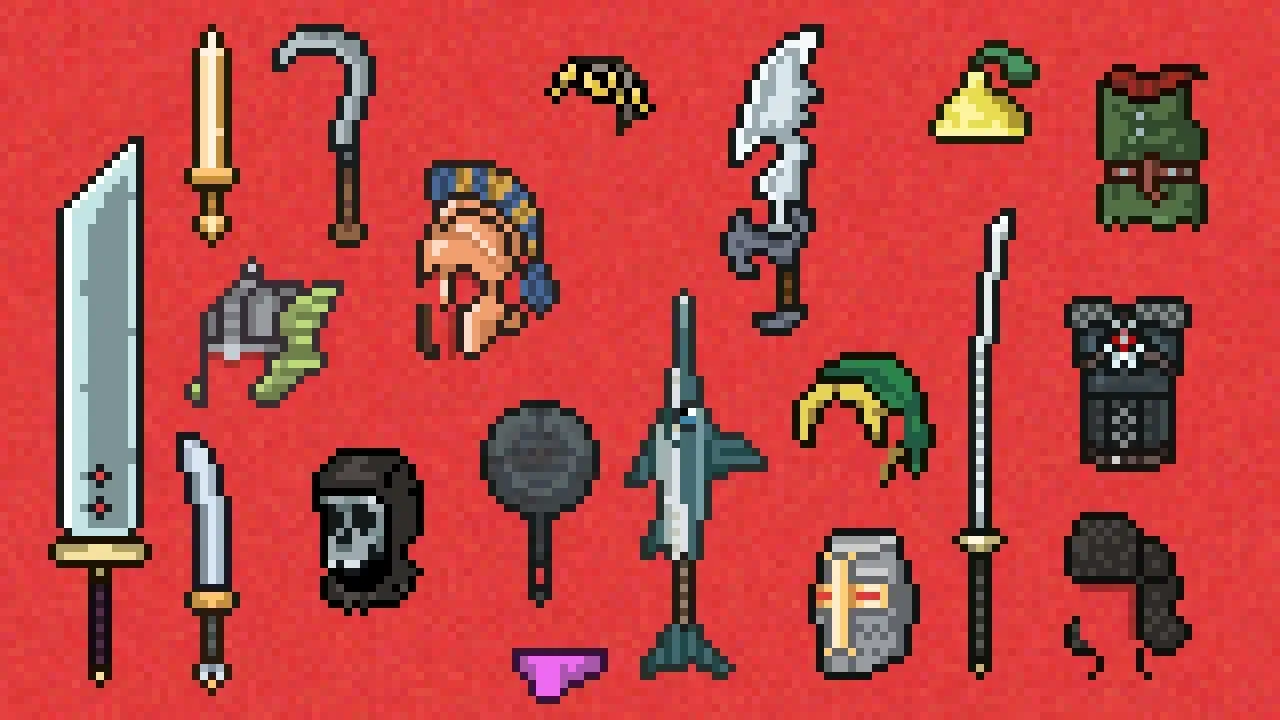 Gladihoppers pixel art gear set with weapons, helmets, and armor on red background